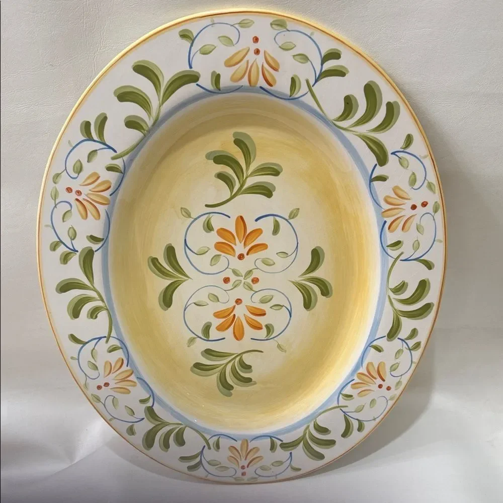 The Cellar Macy’s Handpaint Artisan Floral Oval Platter Green Orange 18 3/4 X 15